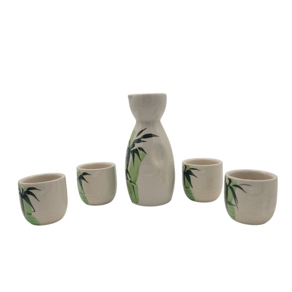 Vintage Ceramic Sake Set – Bamboo Motif Tokkuri with 4 Cups – Japanese Style Sto - Picture 3 of 9